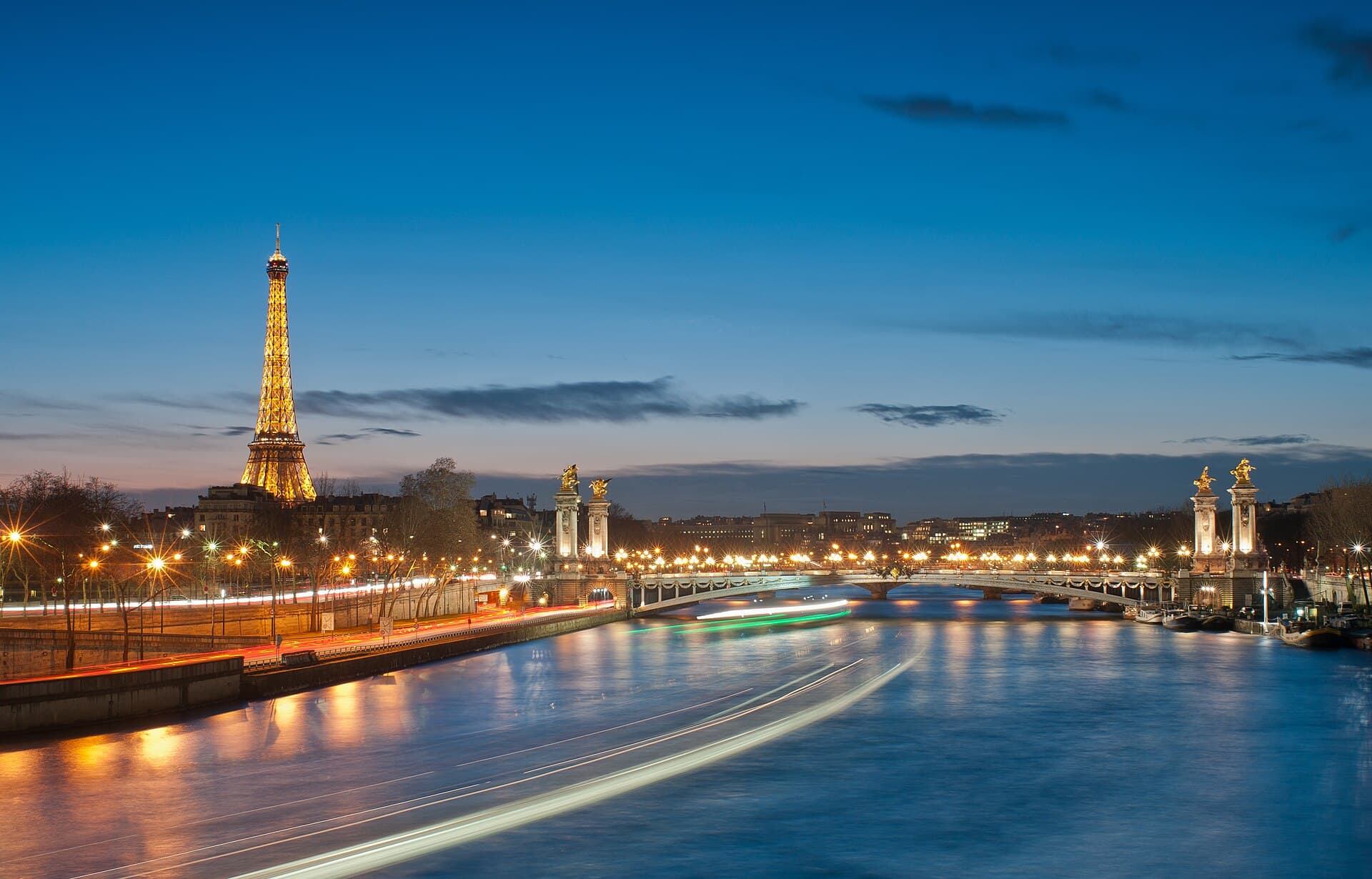 Eiffel Tower and Pont Alexandre III at night, Paris